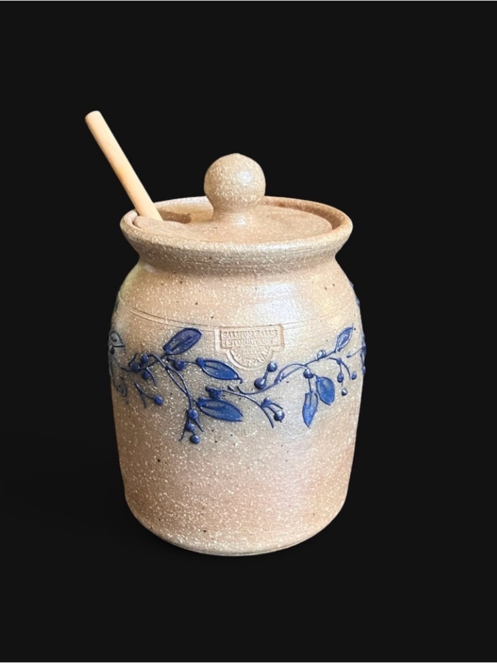 Vintage Salmon Falls Stoneware blueberry vine honey pot with wooden dipper